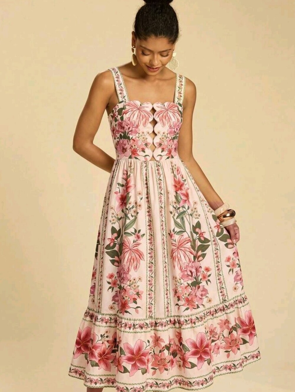 Floral Pink Scallop Midi Dress